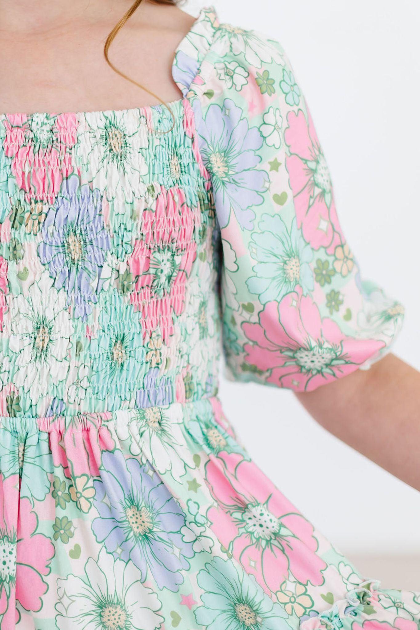Minty Meadow Floral Smocked Ruffle Dress