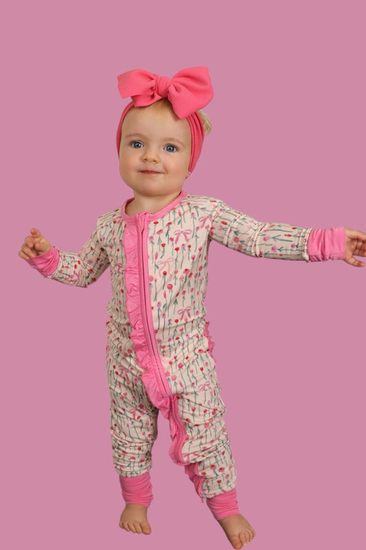 BLOOMS & BOWS DREAM FLORAL RUFFLE ZIPPER ROMPER