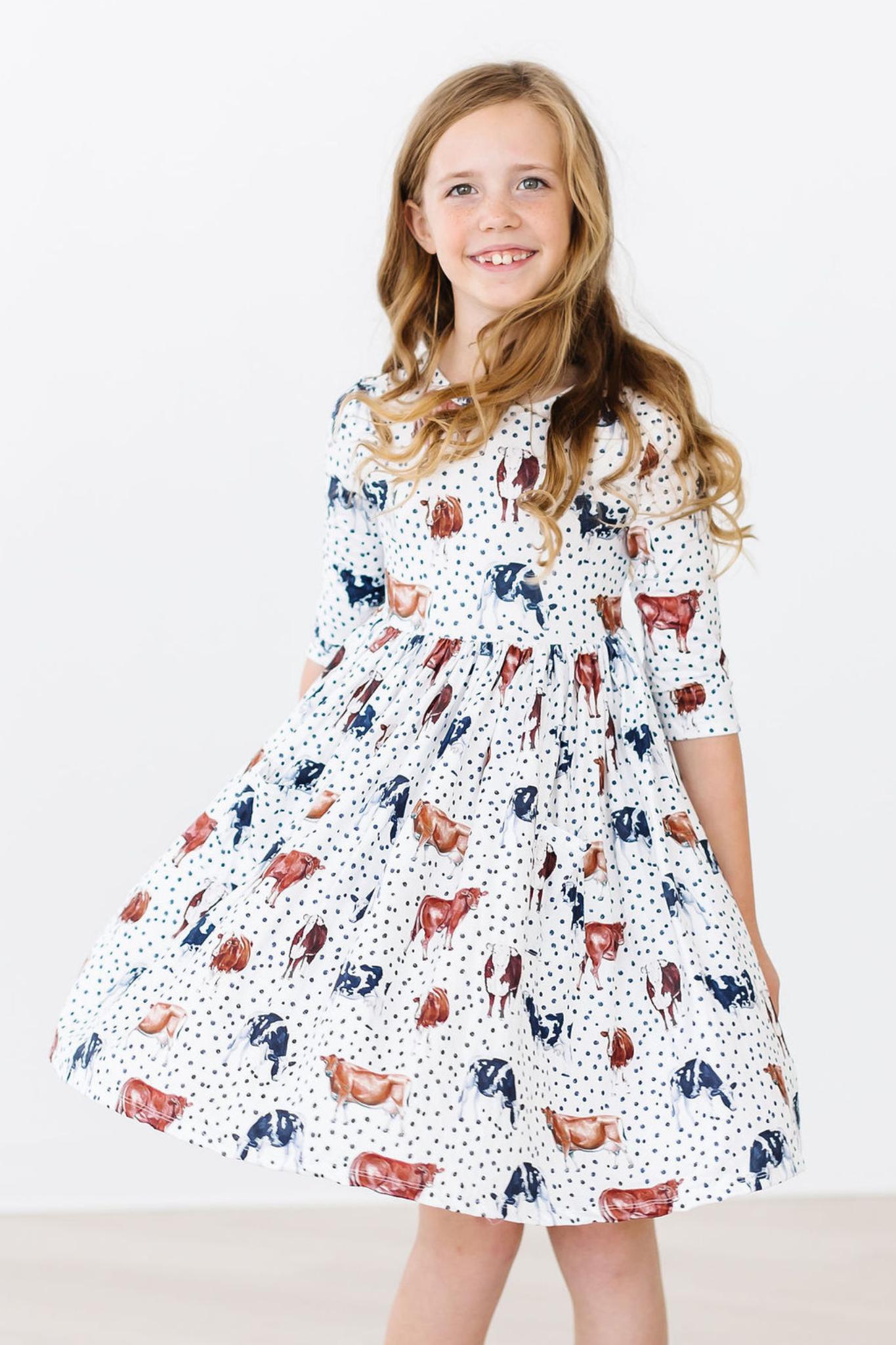 Moo Meadows 3/4 Sleeve Pocket Cows Twirl Dress