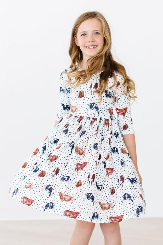 Moo Meadows 3/4 Sleeve Pocket Cows Twirl Dress