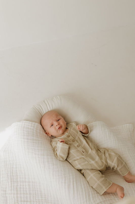Long Sleeve Muslin Romper | Linen Grid