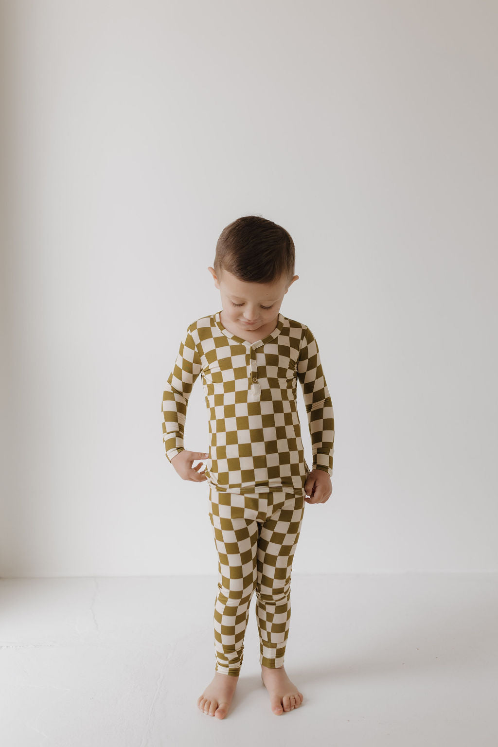 Bamboo Two Piece Pajamas Set | Olive Checkerboard