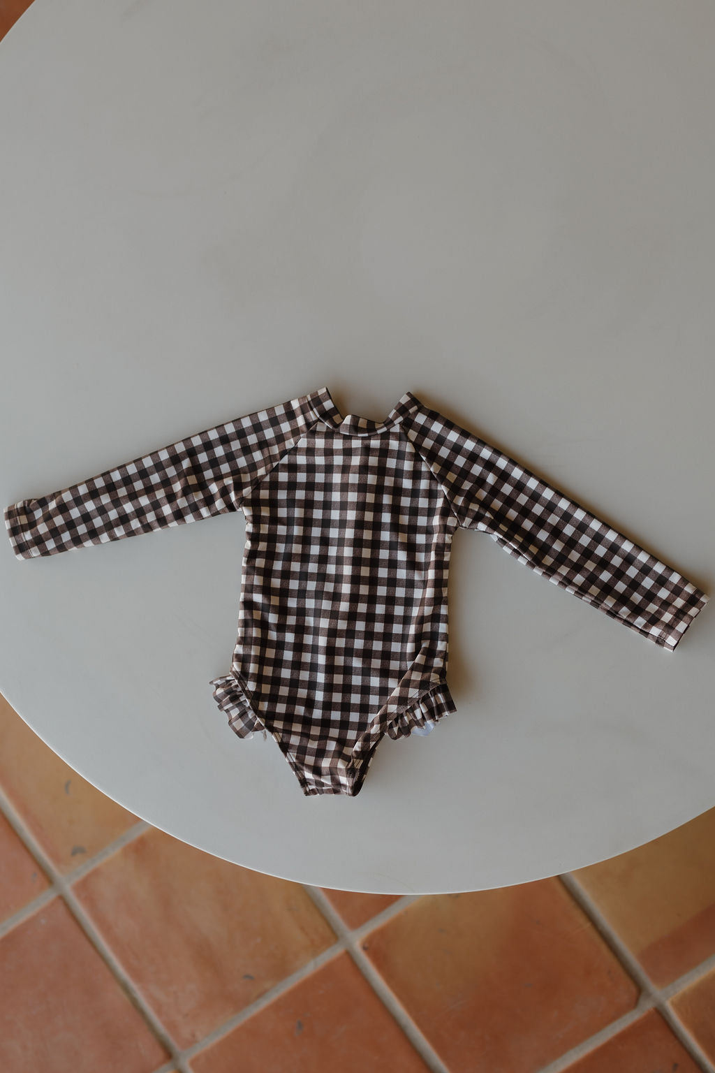 Girls Long Sleeve Swimsuit | Chocolate Gingham