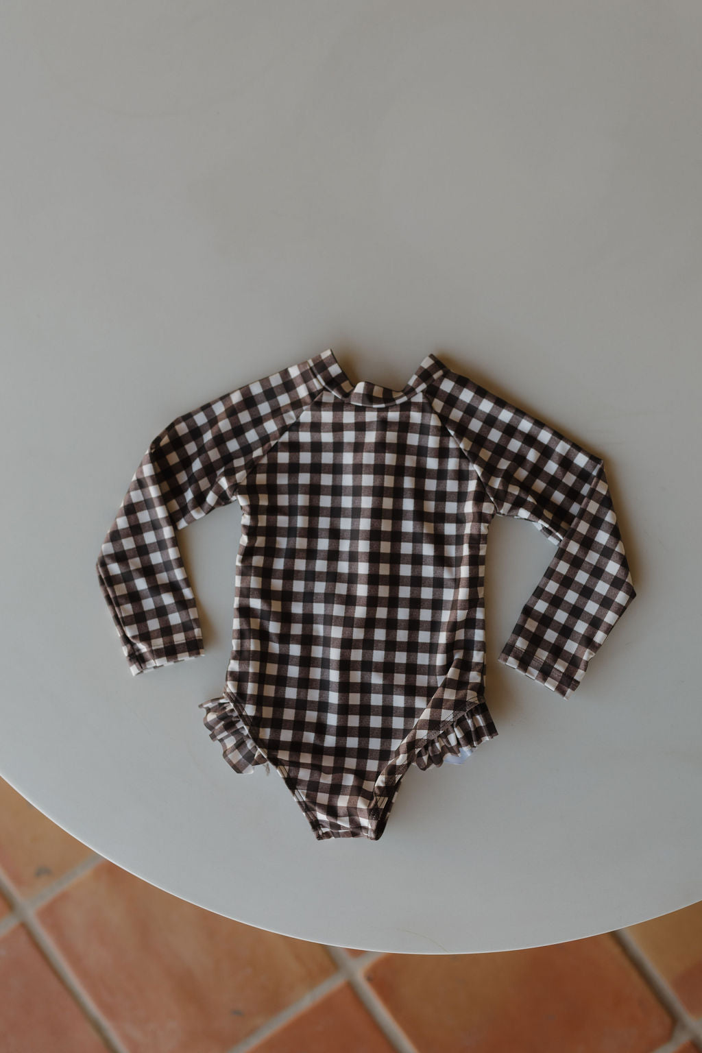 Girls Long Sleeve Swimsuit | Chocolate Gingham