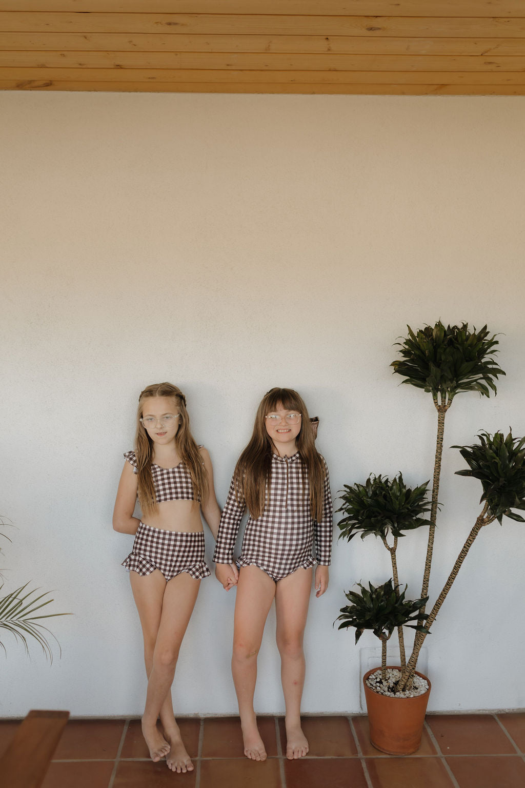 Girls Long Sleeve Swimsuit | Chocolate Gingham