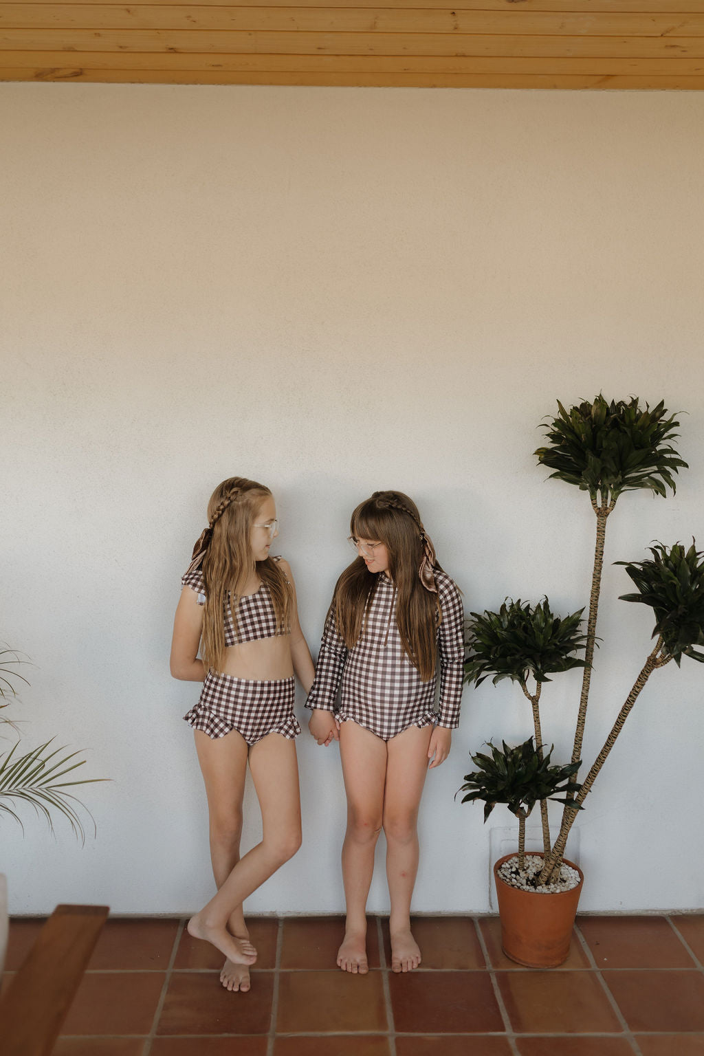 Girls Long Sleeve Swimsuit | Chocolate Gingham