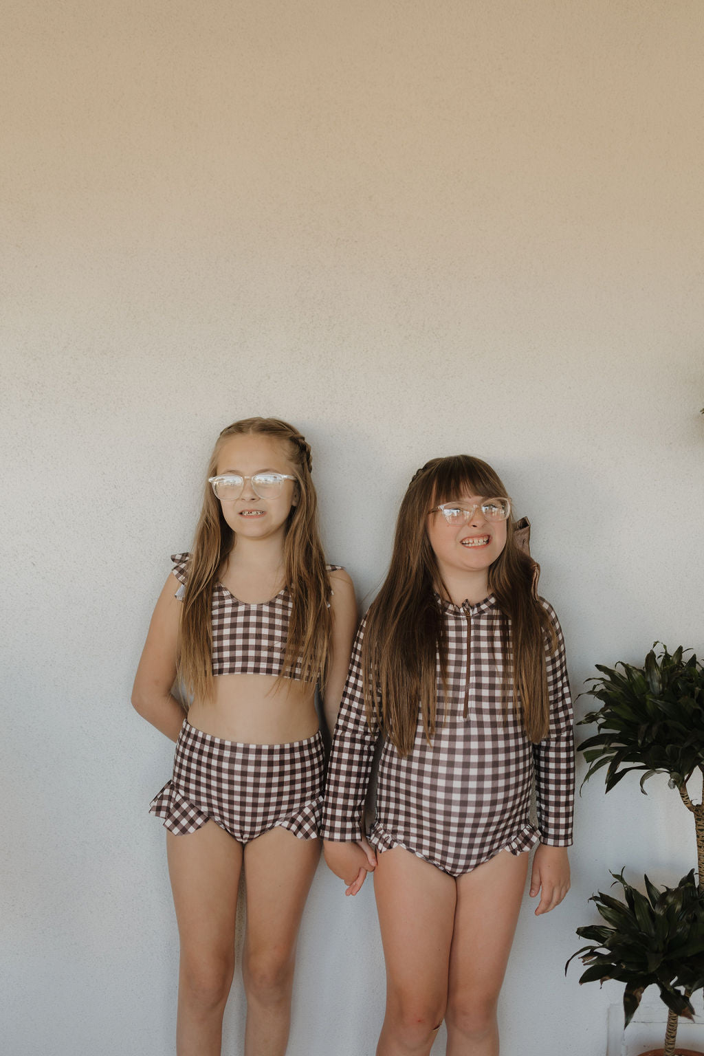 Girls Long Sleeve Swimsuit | Chocolate Gingham