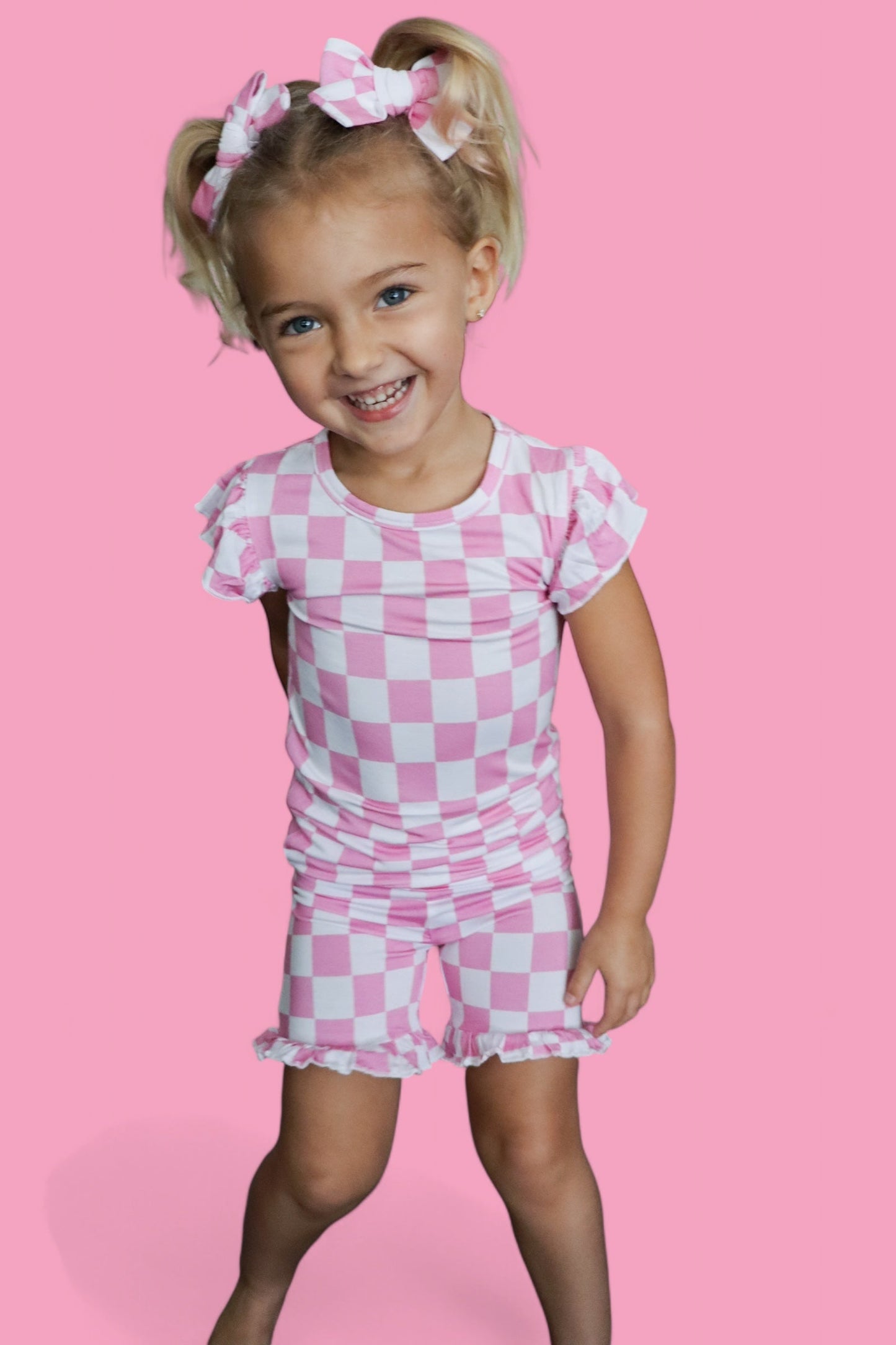 BUBBLEGUM CHECKERS DREAM RUFFLE SHORT SET