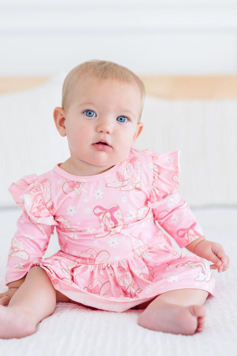 Howdy 3/4 Sleeve Flutter Twirl Bodysuit Romper Dress