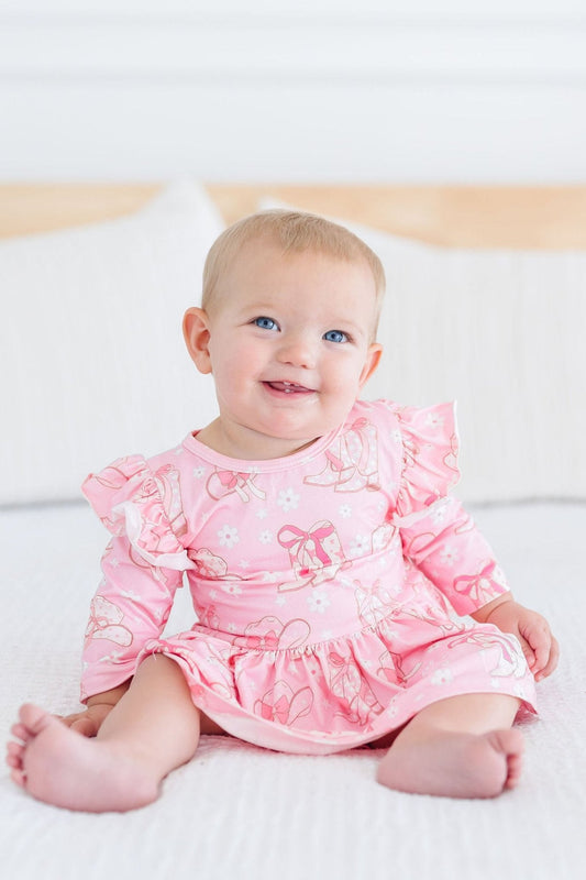 Howdy 3/4 Sleeve Flutter Twirl Bodysuit Romper Dress