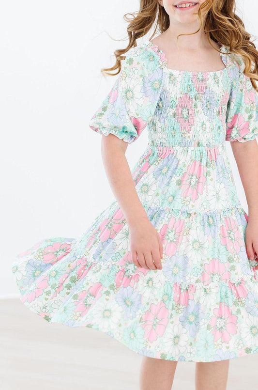 Minty Meadow Floral Smocked Ruffle Dress