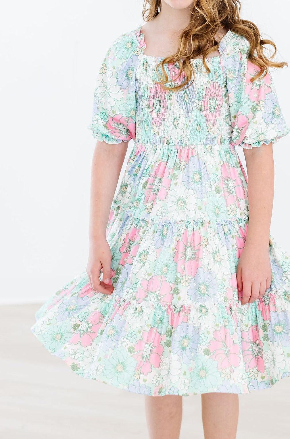 Minty Meadow Floral Smocked Ruffle Dress