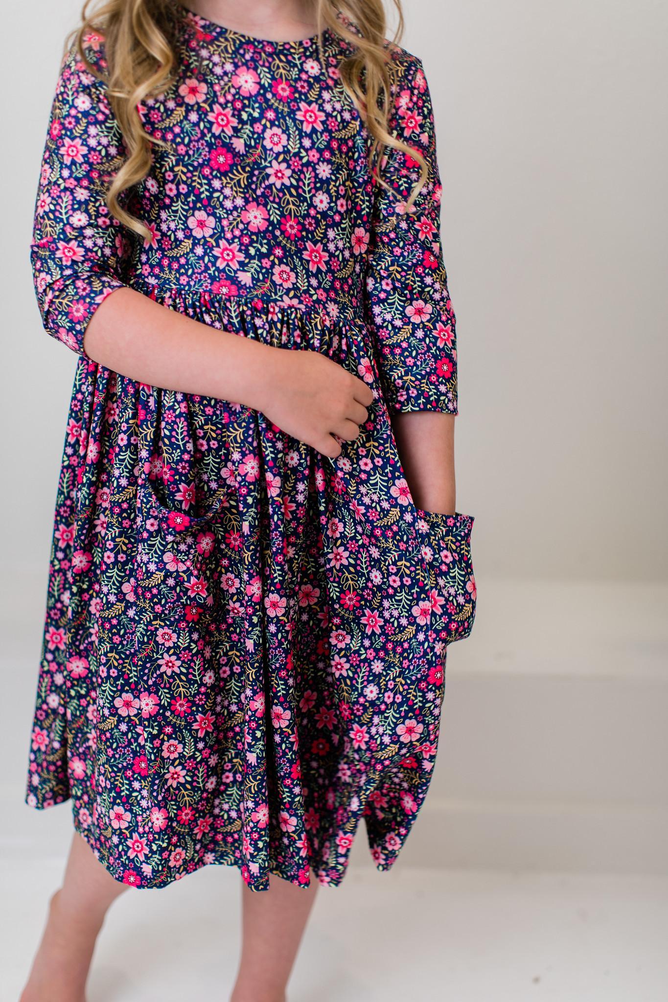 Flower Farm Floral 3/4 Sleeve Pocket Twirl Dress