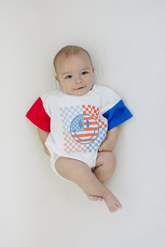 4th of July Checker Smiley T-Shirt Romper