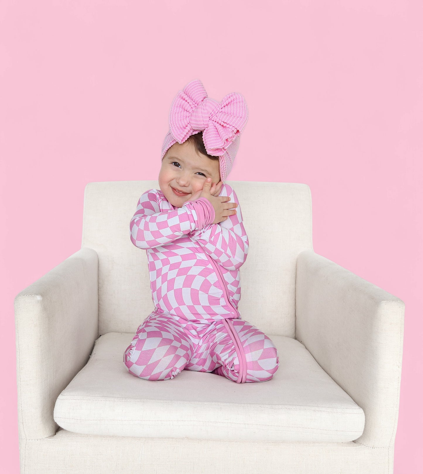 BUBBLEGUM WAVY CHECKERS DREAM ZIPPER ROMPER