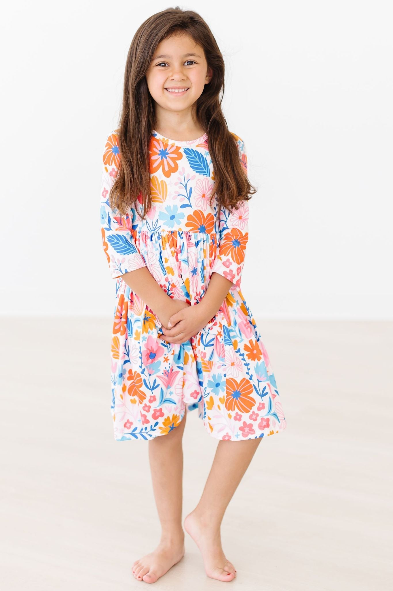 Colorful Carnations Floral 3/4 Sleeve Pocket Twirl Dress