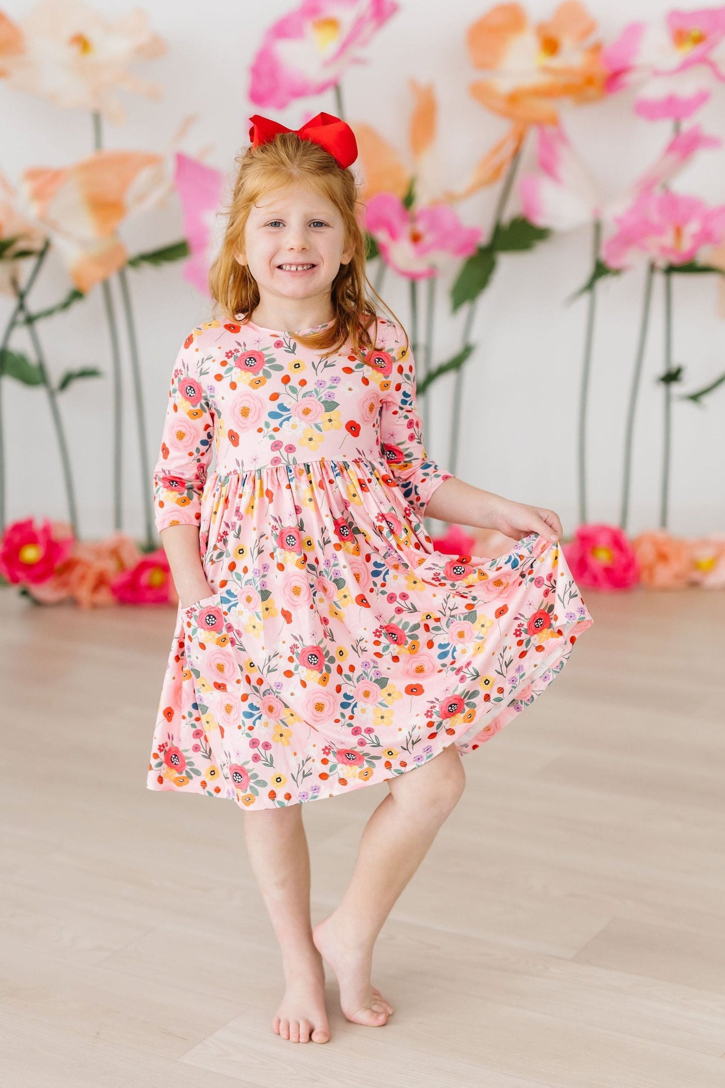 Bouquet Beauty 3/4 Sleeve Floral Pocket Twirl Dress