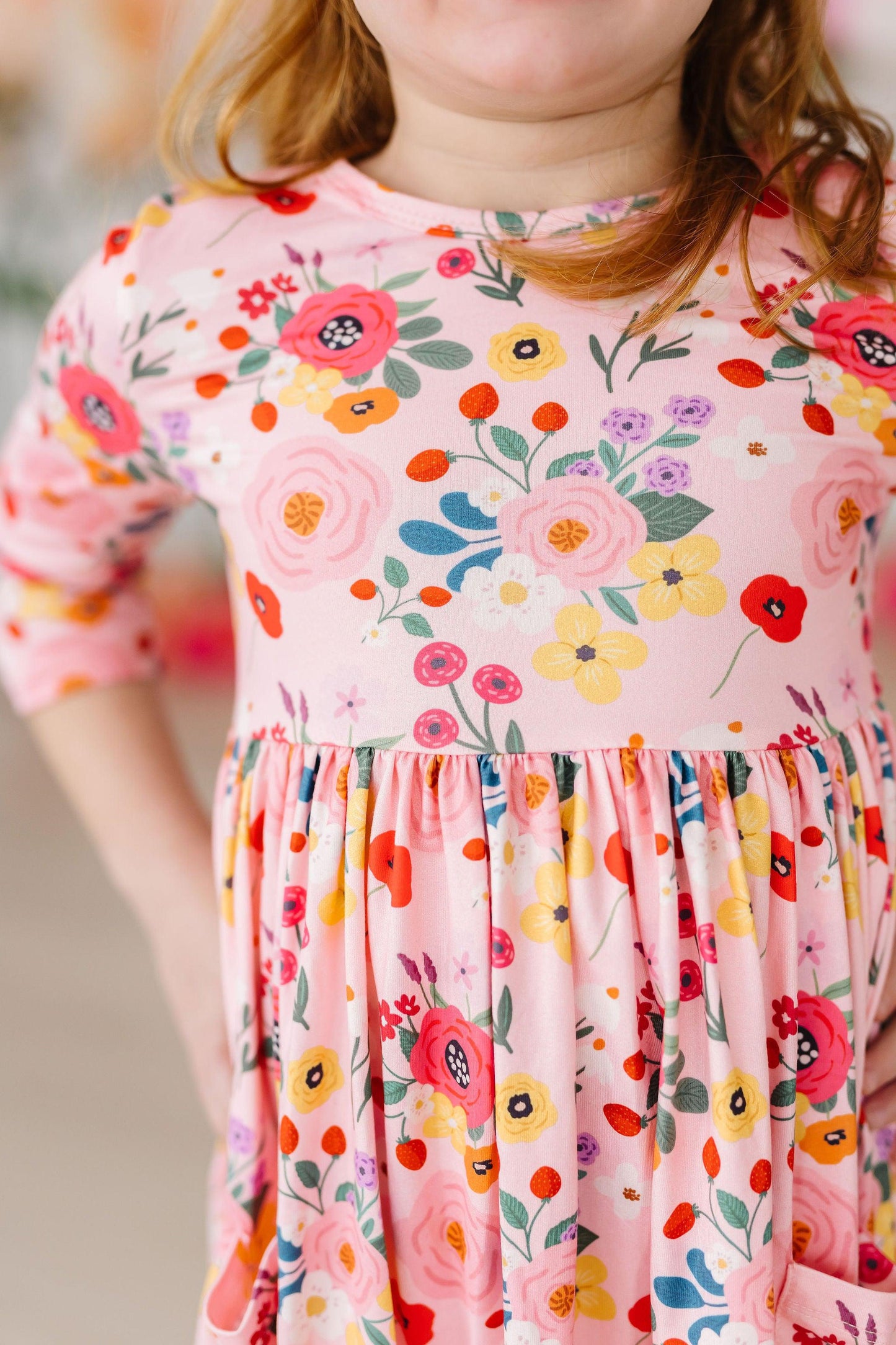 Bouquet Beauty 3/4 Sleeve Floral Pocket Twirl Dress