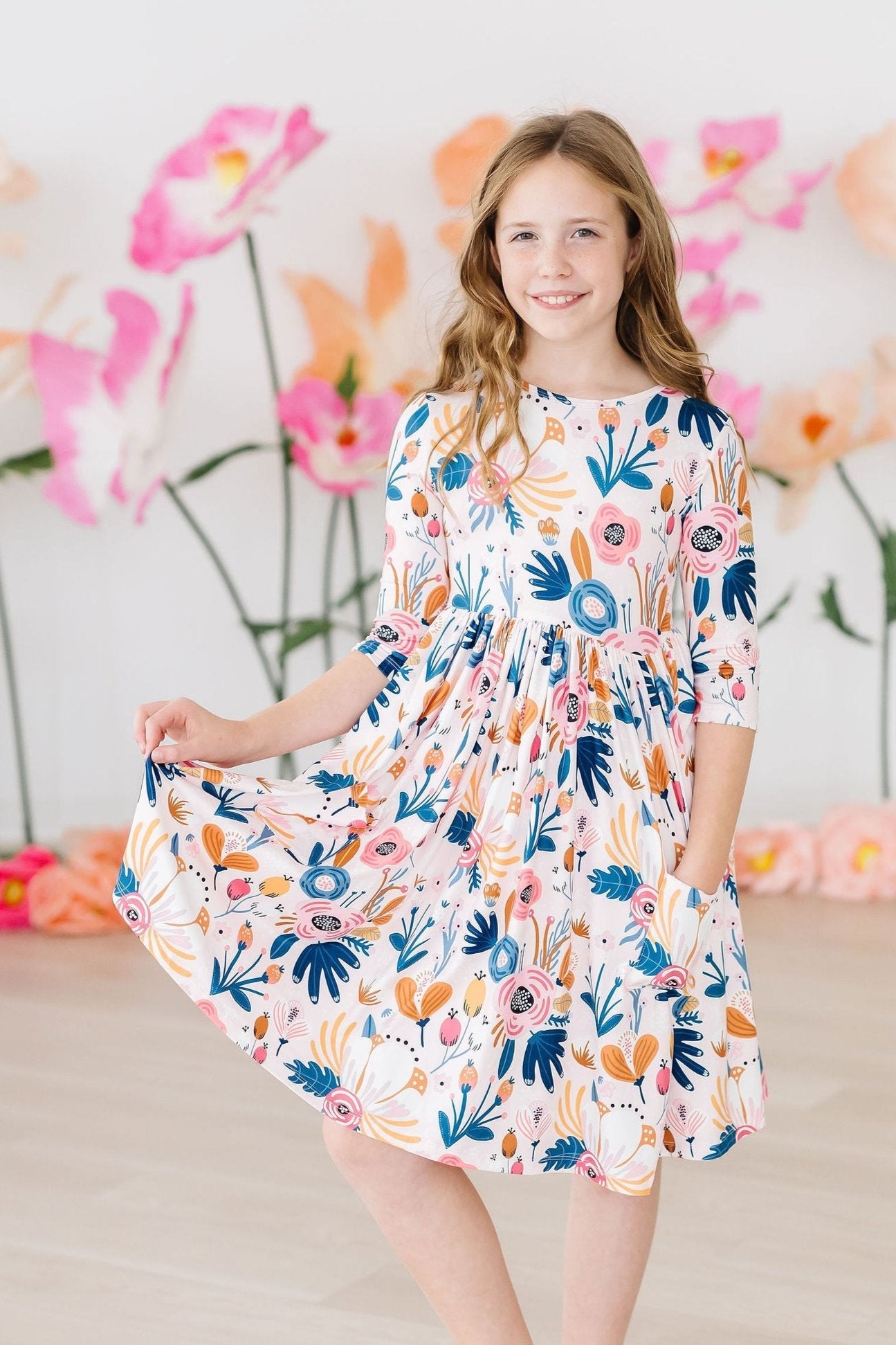 Blush Peony Floral 3/4 Sleeve Pocket Twirl Dress