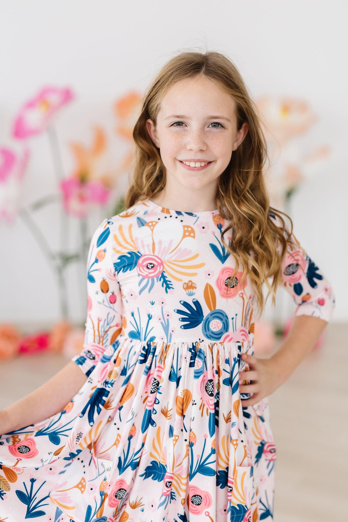 Blush Peony Floral 3/4 Sleeve Pocket Twirl Dress