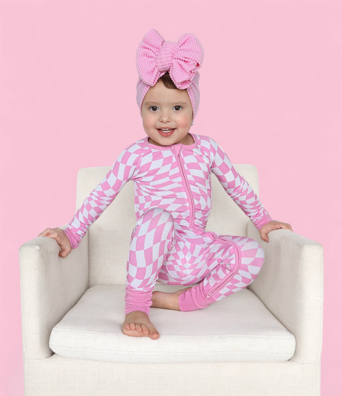 BUBBLEGUM WAVY CHECKERS DREAM ZIPPER ROMPER