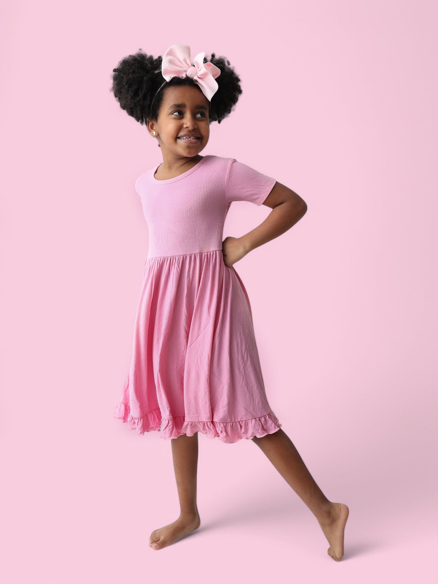 BELLA PINK RIB DREAM RUFFLE DRESS