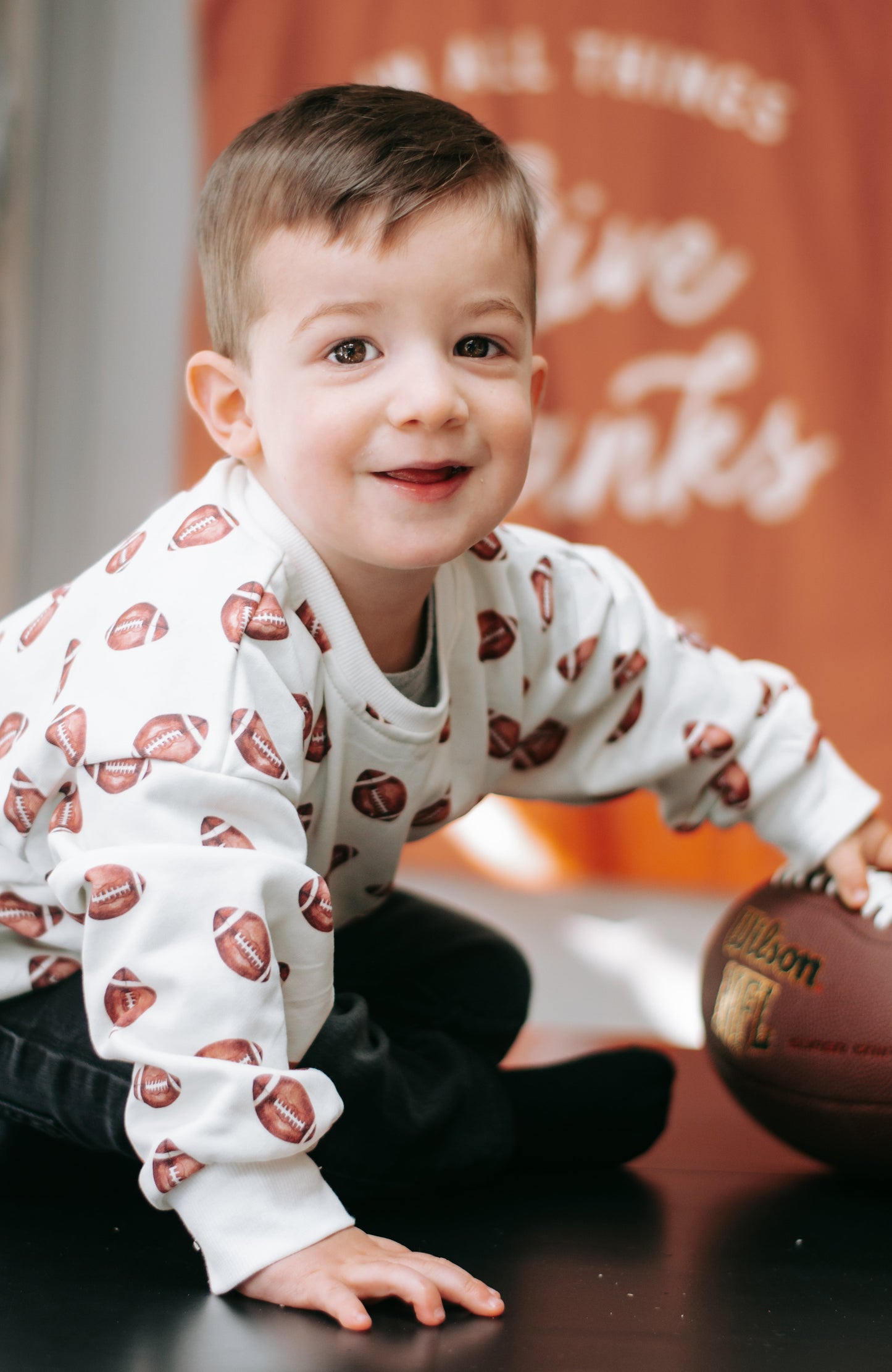 Football Print Cotton Crewneck Sweatshirt Top
