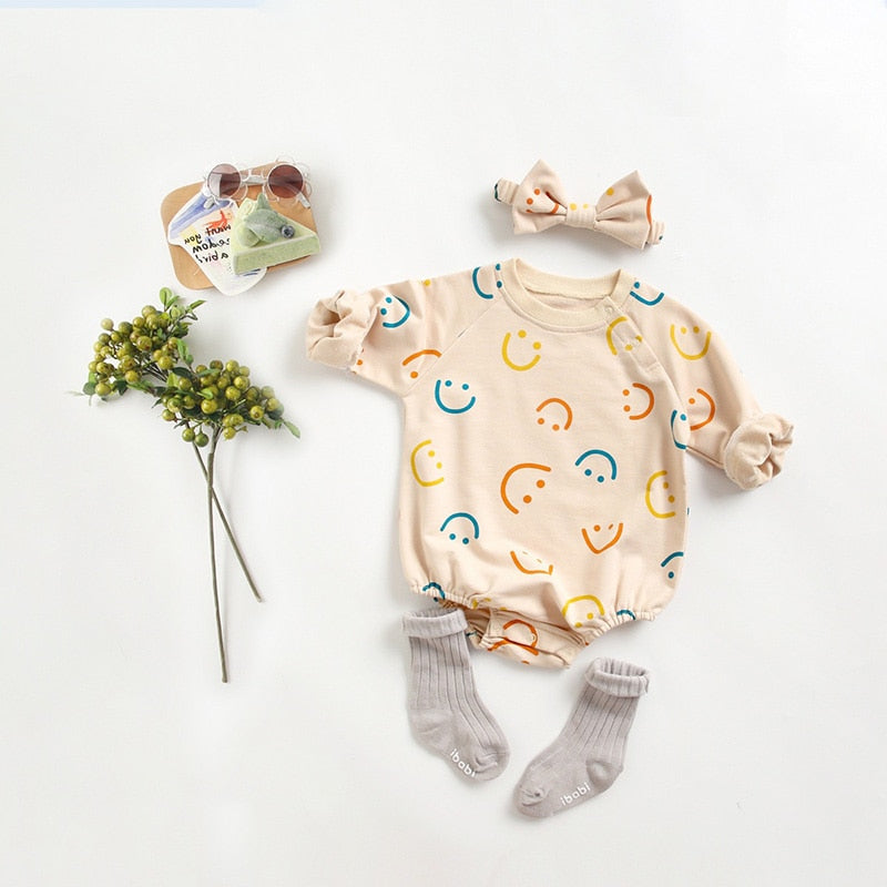 Mini Smile Cotton Bodysuit Romper With Headband