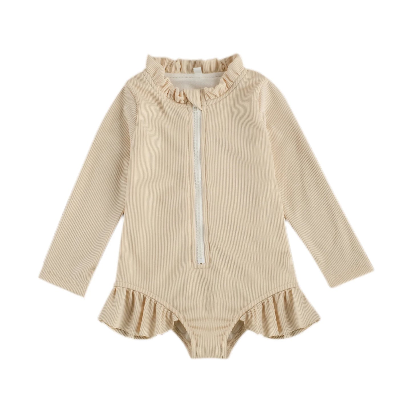 Baby Toddler Kids Girls Swimwear Solid Ruffles Long Sleeve Zipper Beachwear Bathing Suit Romper
