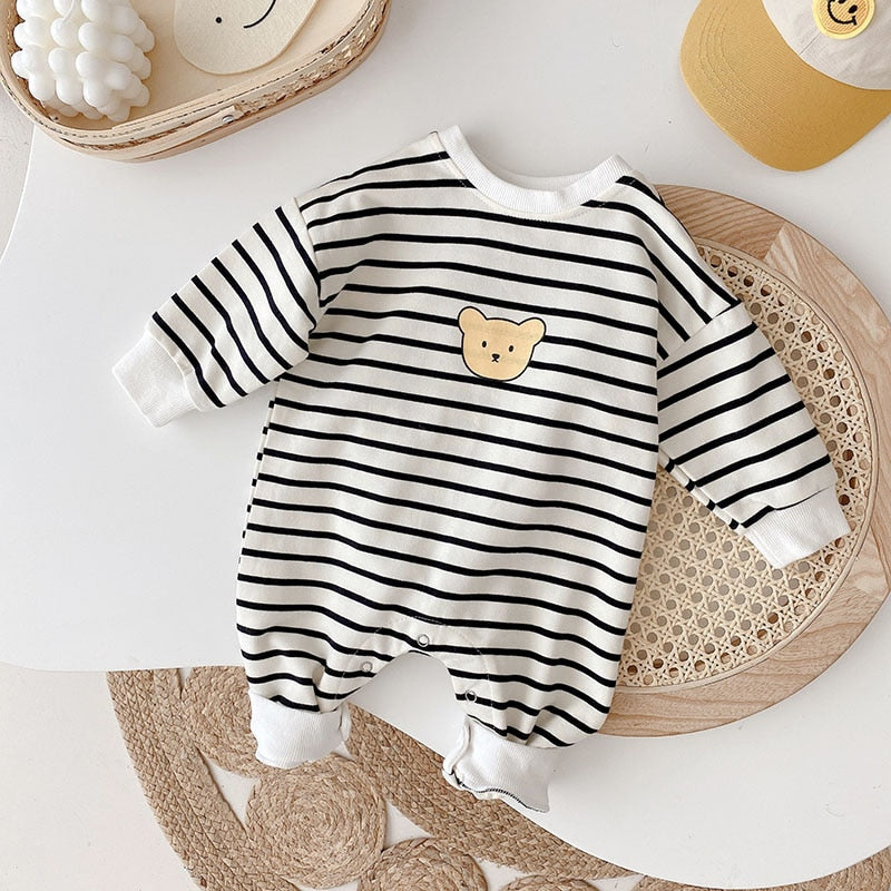 Bear Face Print Striped Romper