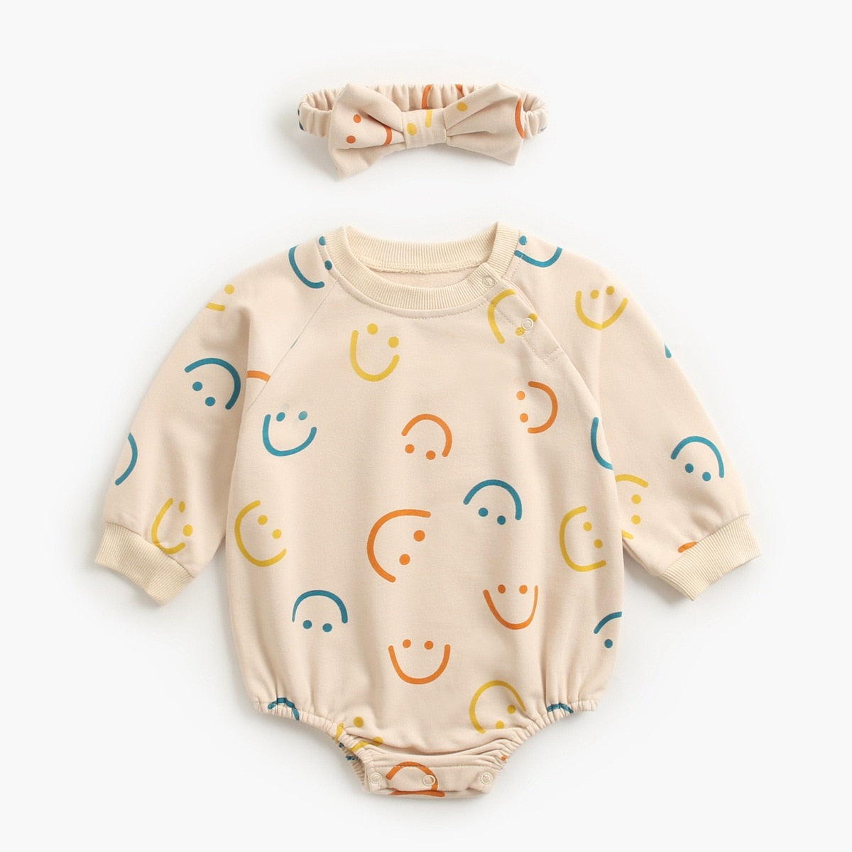 Mini Smile Cotton Bodysuit Romper With Headband