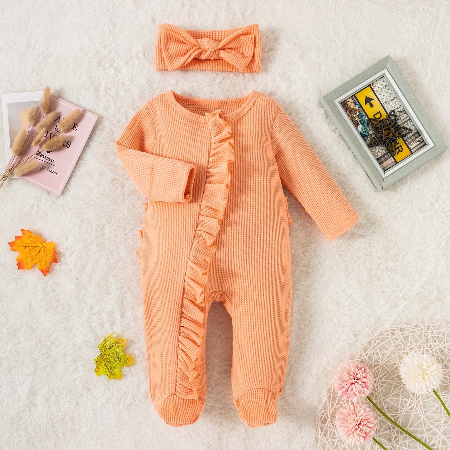 Ruffle Footed Jumpsuit Romper with Headband Set
