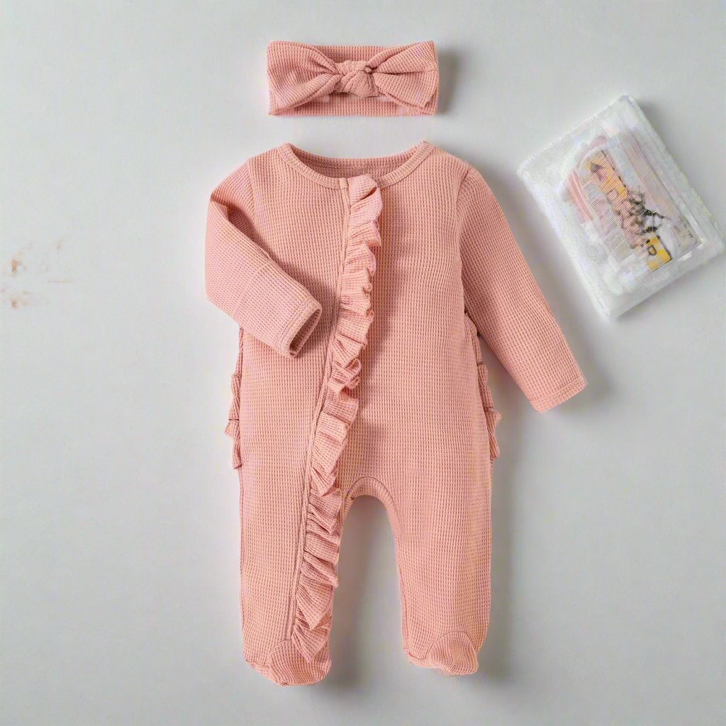 Ruffle Footed Jumpsuit Romper with Headband Set