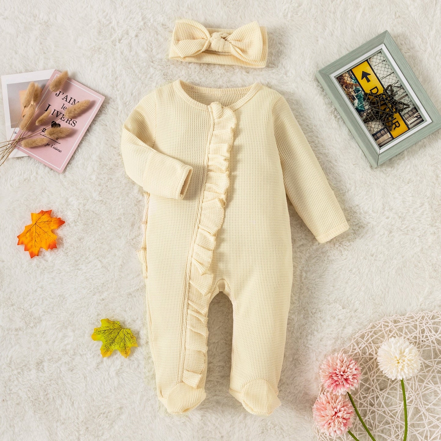 Ruffle Footed Jumpsuit Romper with Headband Set