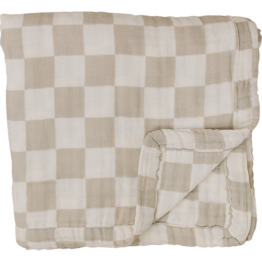 Taupe Checkered Muslin Quilt Blanket