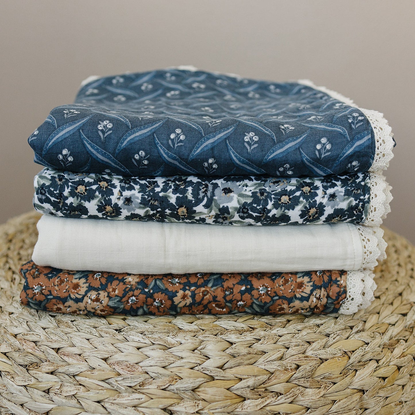 Navy Berry + Cream Berry Lace Muslin Quilt Blanket