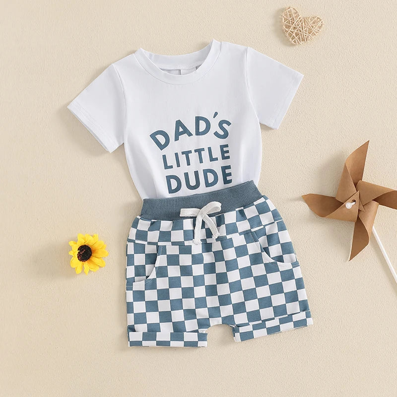 Baby Toddler Boys 2Pcs Dad's Little Dude Summer Outfit Letter Print Short Sleeve T-Shirt Top and Elastic Checkered Print Shorts Set