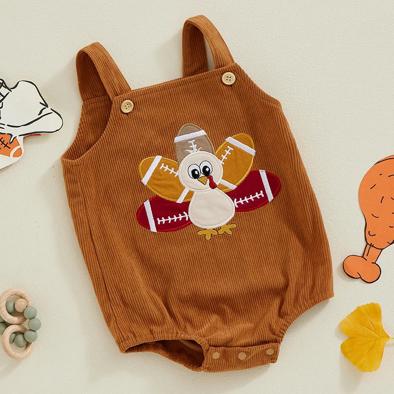 Baby Boys Girls Thanksgiving Overalls Romper Football Turkey Embroidery Sleeveless Square Neck Jumpsuit