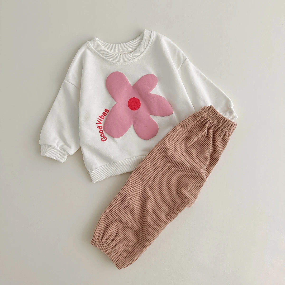 Baby Toddler Boys Girls 2Pcs Good Vibes WAves / Flower / Sun Long Sleeve Top + Corduroy Pants Outfit Set