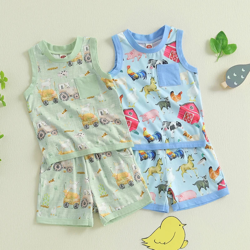 Baby Toddler Boys 2Pcs Tractor Farm Animal Sleeveless Tank Top Elastic Waist Shorts Outfit Summer Clothes Set