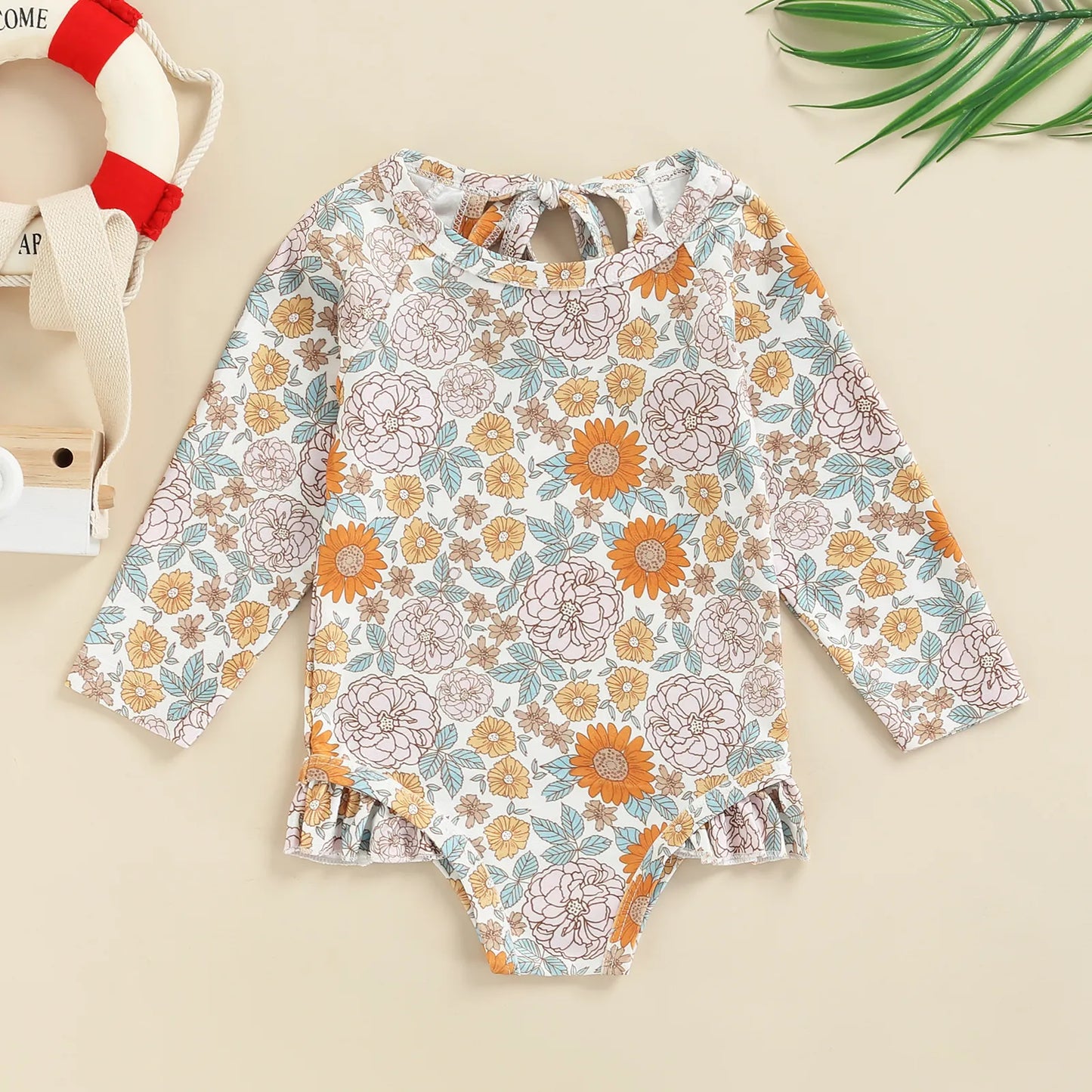 Long Sleeve Printed Ruffle Swimsuit