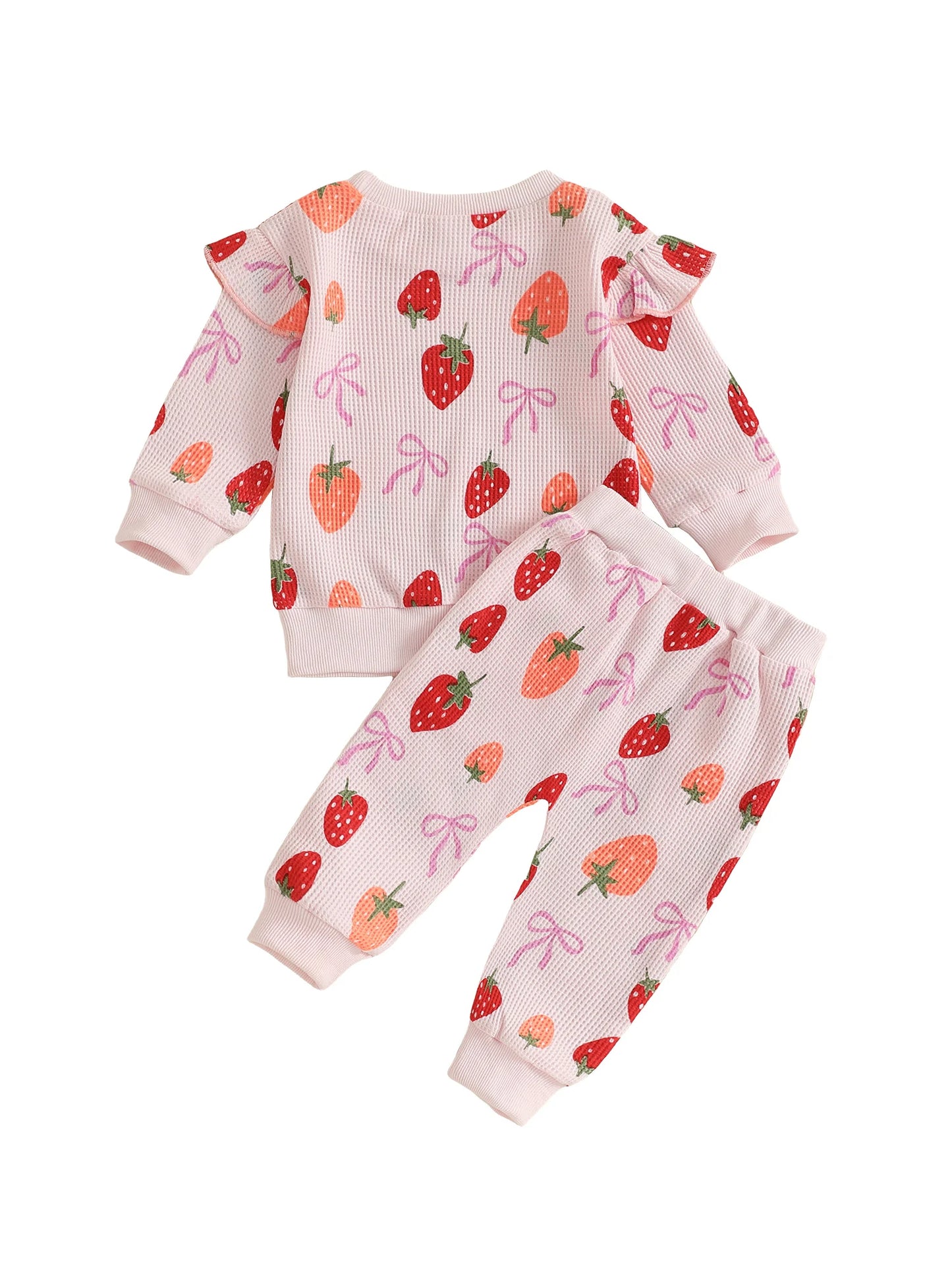 Baby Toddler Girls 2Pcs Fall Set Fashionable Strawberry Print Long Sleeve Pullover Top Bow Jogger Pants Outfit