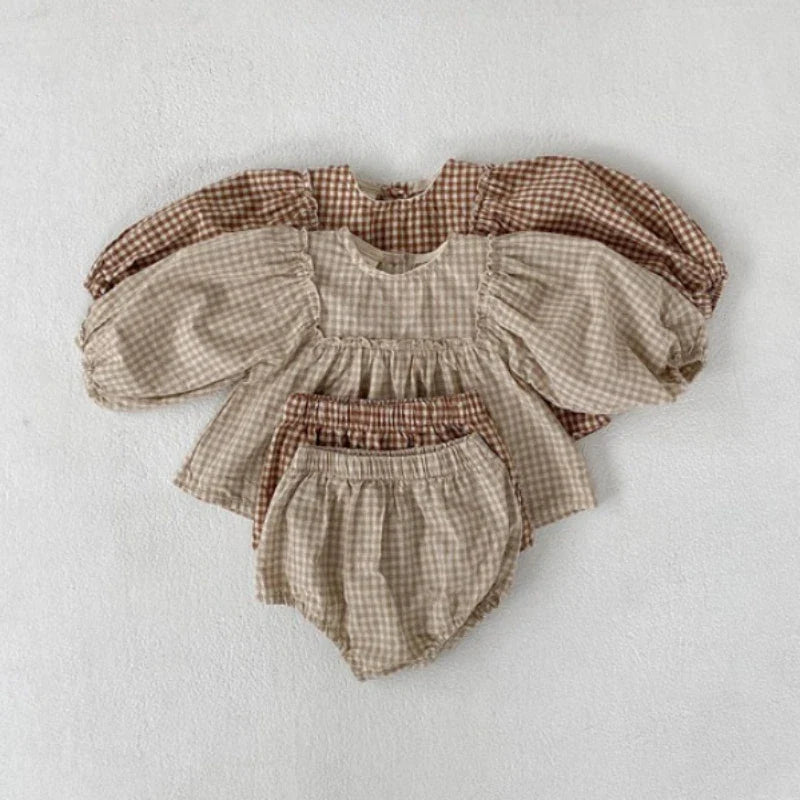 Plaid Balloon Sleeve Linen Bloomer Set