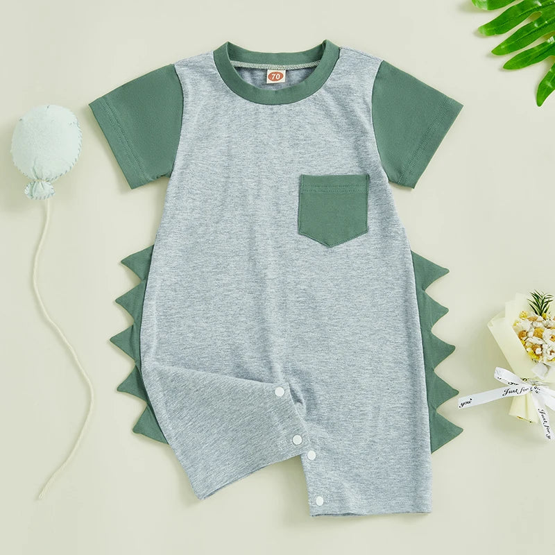 Baby Boy Summer Romper Short Sleeve Round Neck Contrast Color Dinosaur Spikes Jumpsuit Playsuit