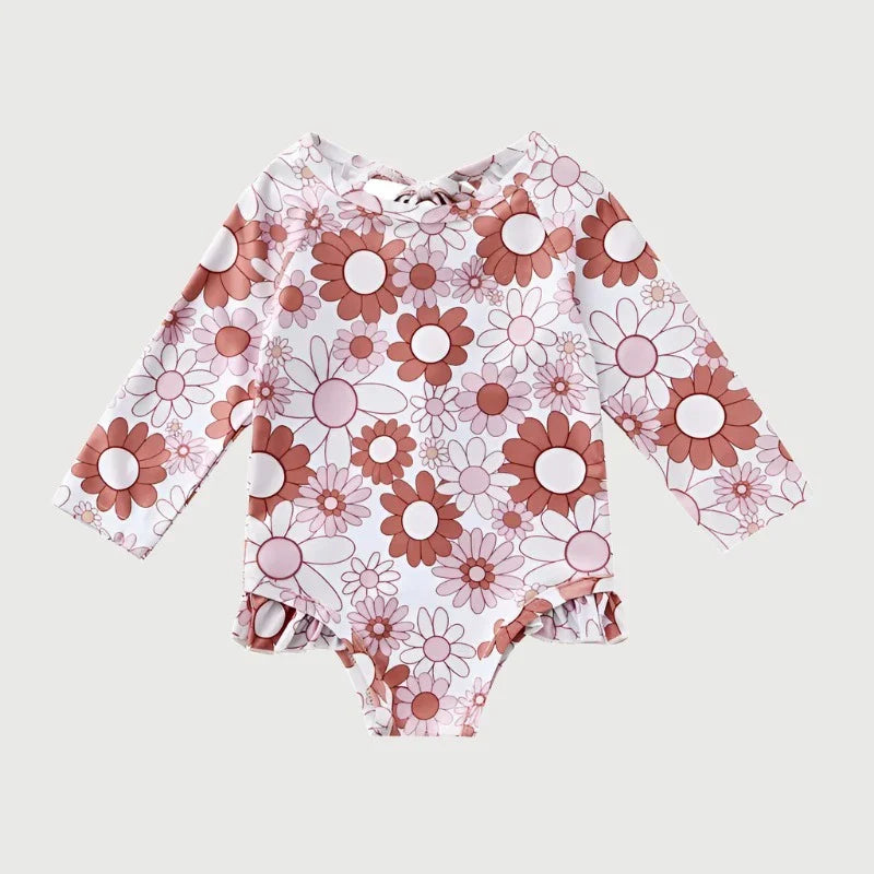 Long Sleeve Printed Ruffle Swimsuit