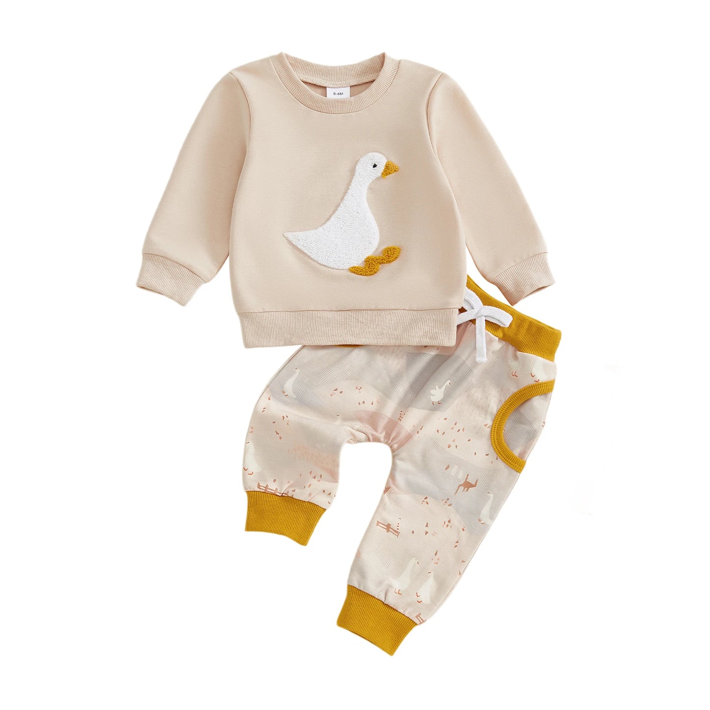 Baby Toddler Boys 2Pcs Fall Set Fashionable Long Sleeve Chicken/Duck Embroidery Pullover Top with Print Jogger Pants 2 Pcs Outfits