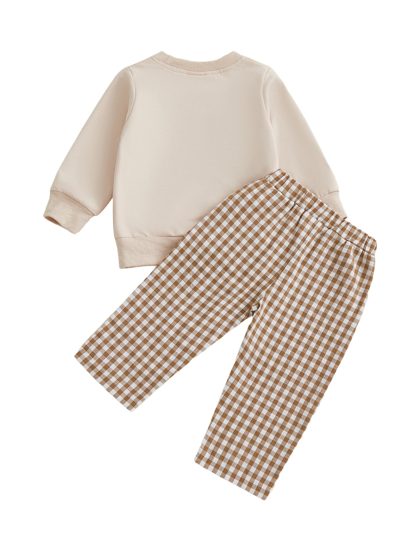 Baby Toddler Boys Girls 2Pcs Thanksgiving Outfit Pumpkin Turkey Pie Long Sleeve Crewneck Top Plaid Elastic Waist Pants Set