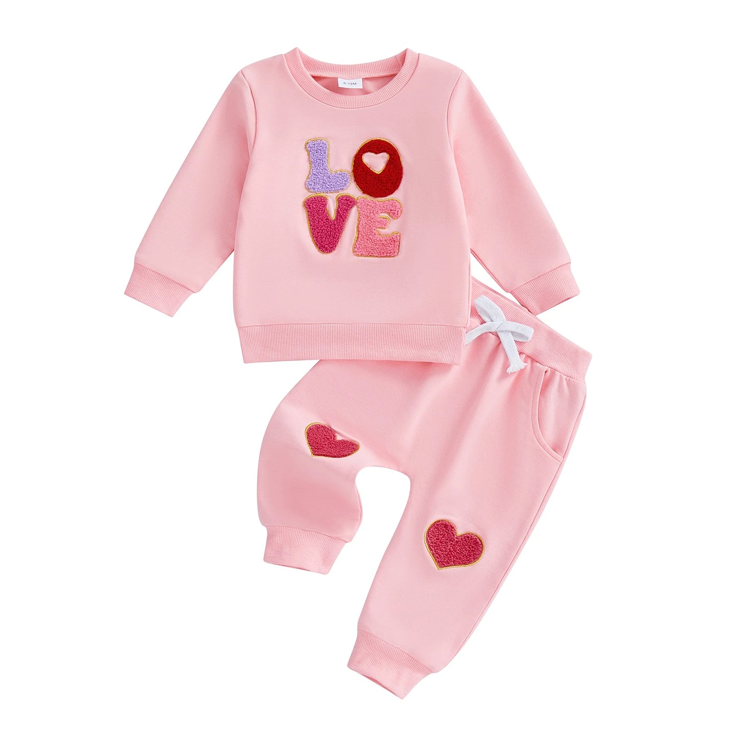 Baby Toddler Girls 2Pcs Valentine's Outfit LOVE Letter Embroidered Long Sleeve Top and Heart Embroidered Pants Jogger Set