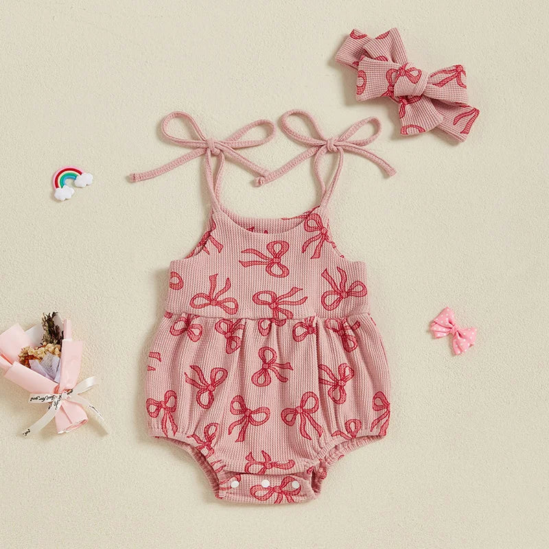 Baby Girls 2Pcs Summer Romper Sleeveless Tank Tie Strap Bow Print Jumpsuit with Headband Set
