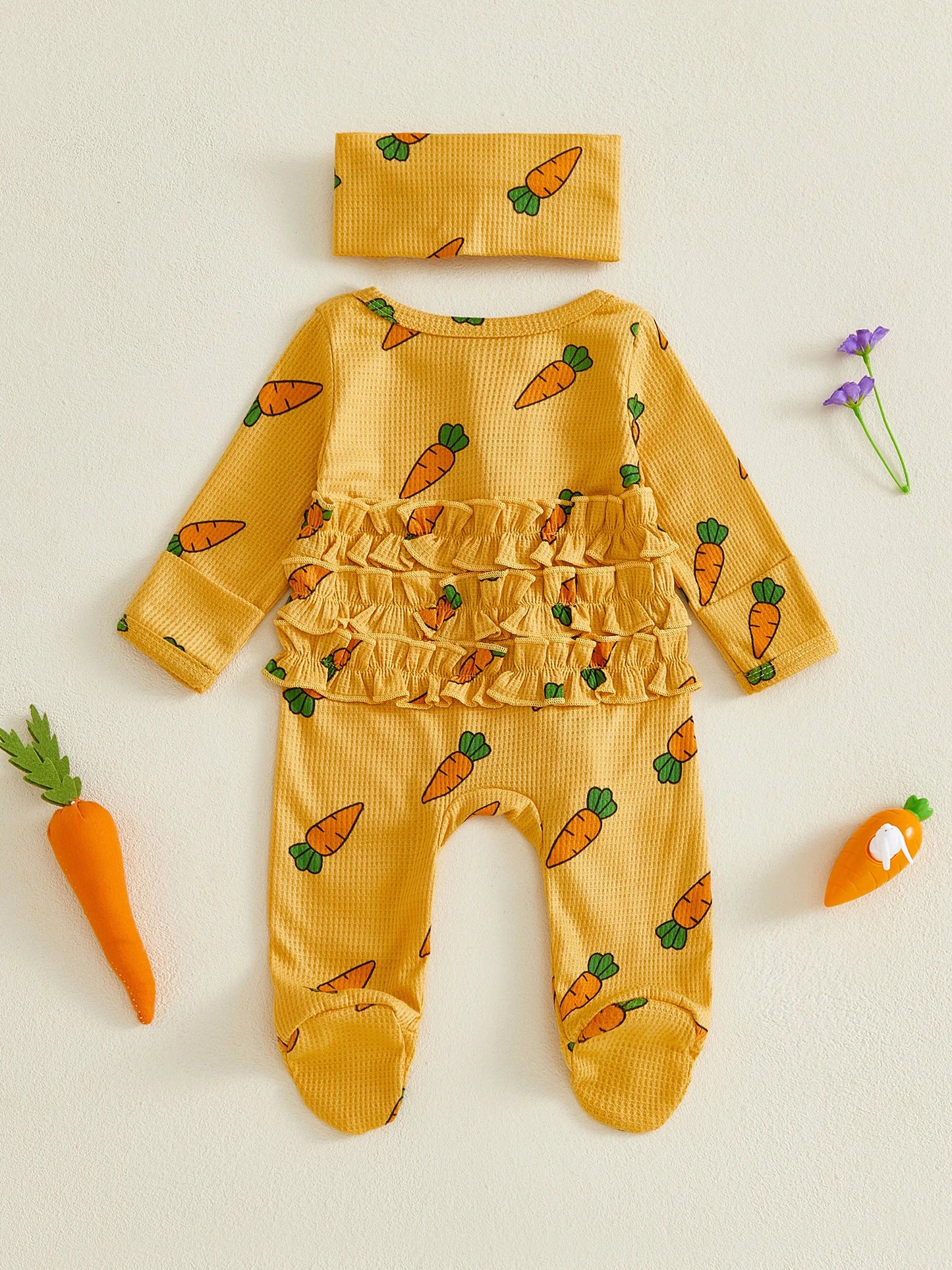 Baby Girls 2Pcs Easter Outfit Carrot Print Ruffled Trim Zip Up Long Sleeve Footie Zipper Romper and Bow Headband Set